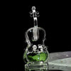 A clear glass hourglass filled with green liquid and featuring two small panda figurines.