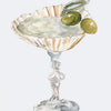 Watercolor illustration of a glass serving dish with green olives and a bay leaf