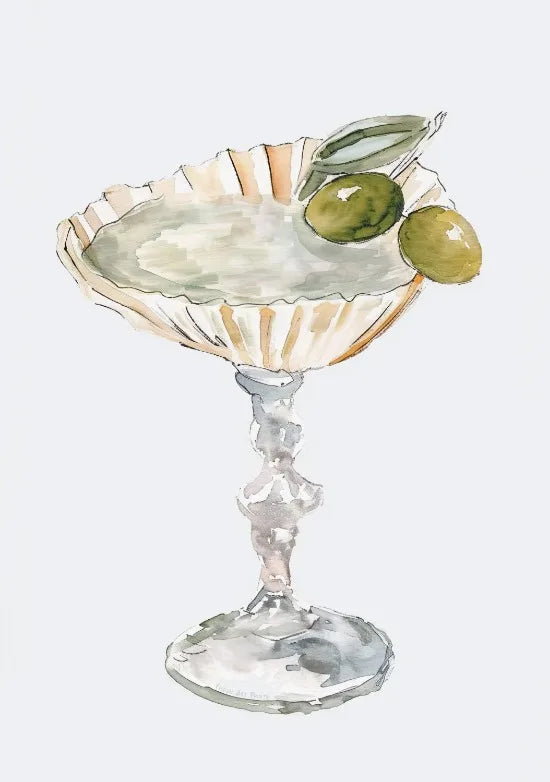 Watercolor illustration of a glass serving dish with green olives and a bay leaf
