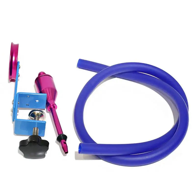 A purple and blue balloon stuffing tool kit with a metal inflator and tubing.