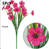 A bouquet of five artificial pink violet flowers on a green stem, labeled 5Pcs and 14 inch.