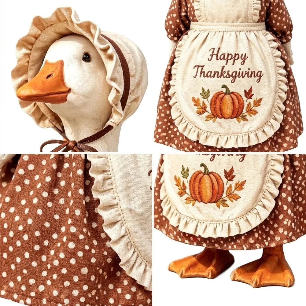 A set of goose-themed clothing featuring a headband and a dress with an autumn thanksgiving design.