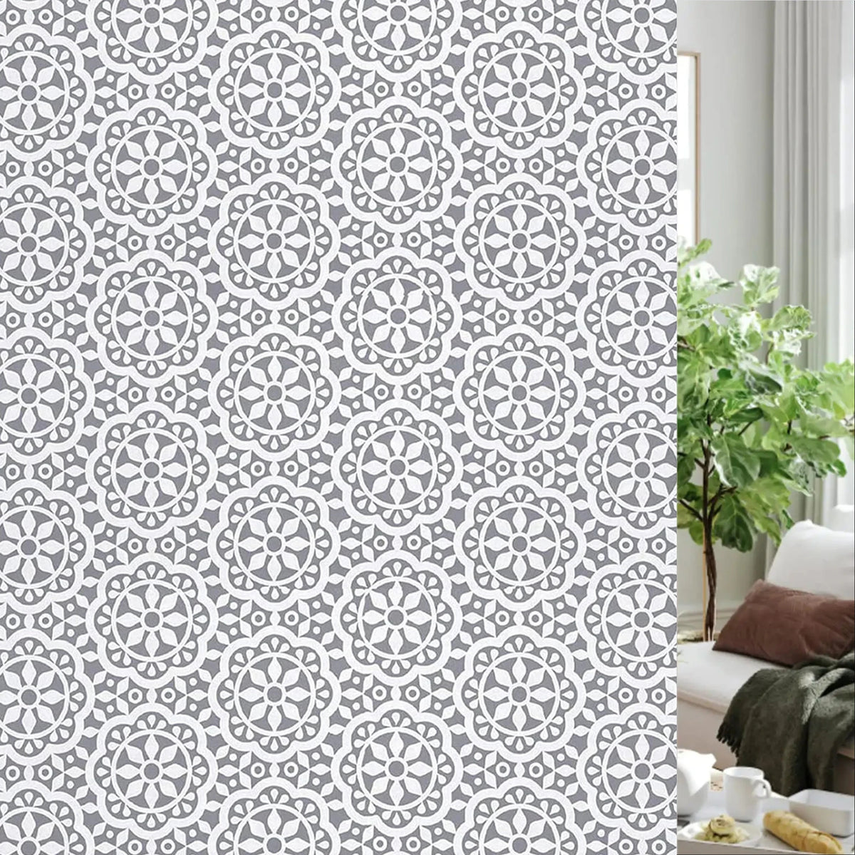 A seamless white and gray geometric pattern for frosted window privacy film.