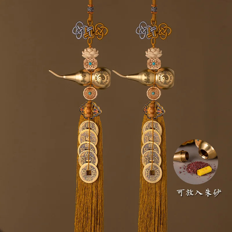 Pair of brass gourd and five emperor coins hanging ornaments with gold thread