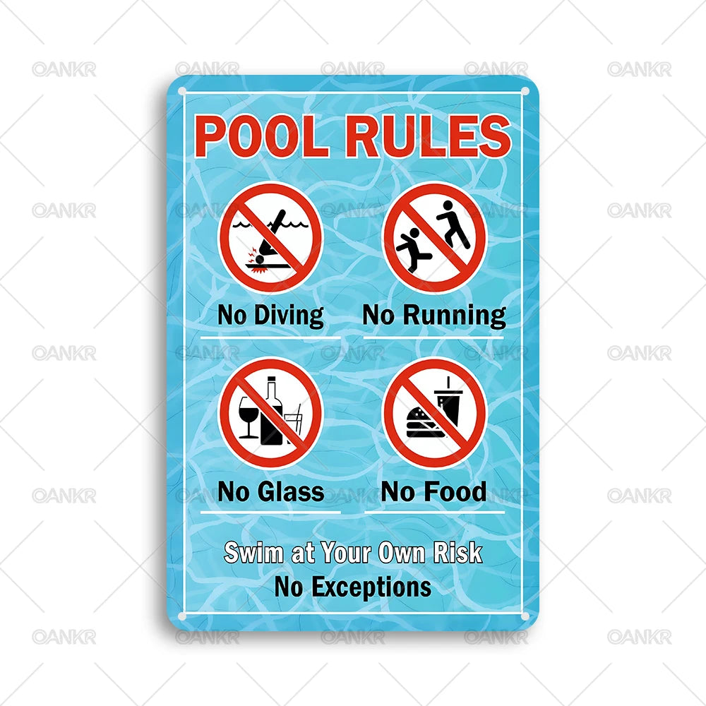 Panneau métallique bleu avec texte rouge indiquant les règles de la piscine, comme interdiction de plonger, courir, verre ou 