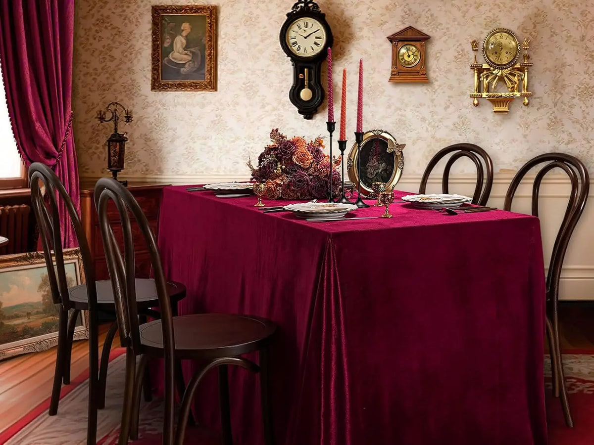 A long table set for dining with a burgundy red velvet tablecloth, dark wooden chairs, and decorative items.