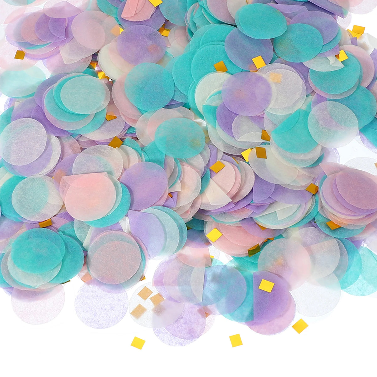 A pile of round tissue paper confetti dots in shades of pink, purple, and teal.