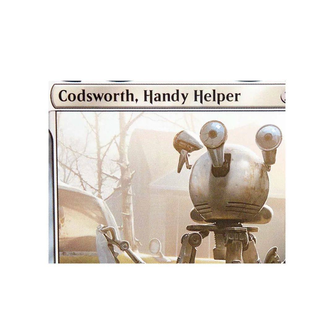 A trading card titled Codsworth, Handy Helper featuring a bronze-colored fantasy art illustration.