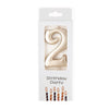 A package of champagne gold number candles shaped like the number two for birthday cakes and party decor.