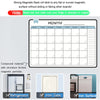 A3 magnetic dry erase planner showing a monthly calendar grid and examples of its use on a refrigerator, iron gate, and iron 