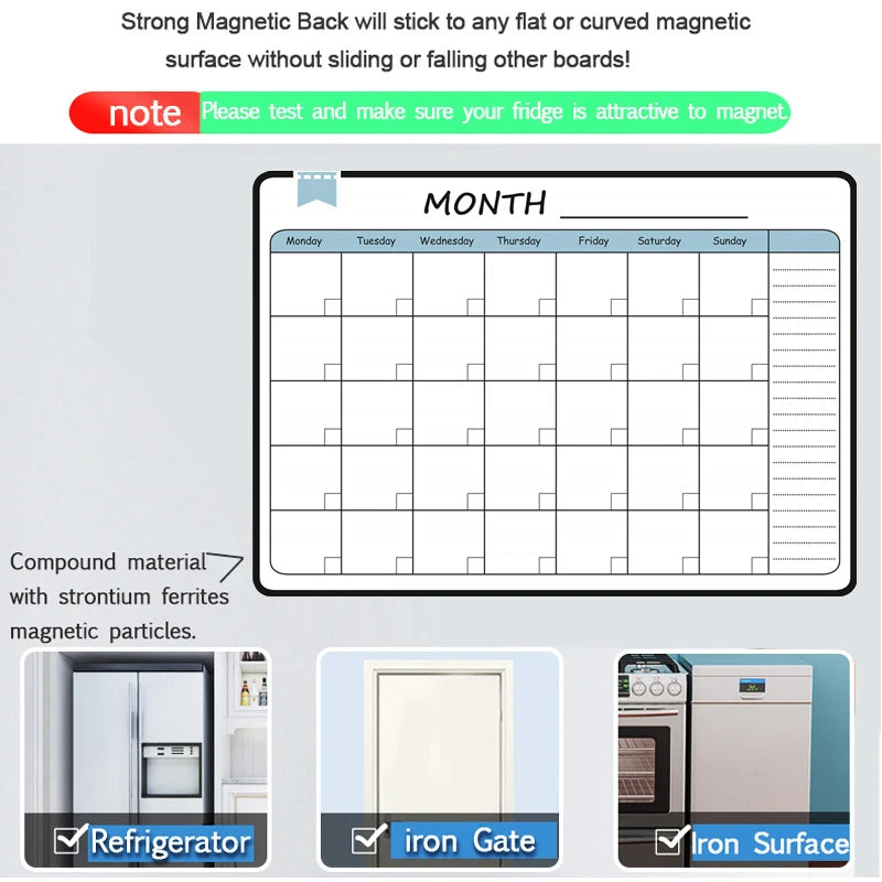 A3 magnetic dry erase planner showing a monthly calendar grid and examples of its use on a refrigerator, iron gate, and iron 