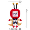A red plush toy resembling a character with black ears and striped clothing.