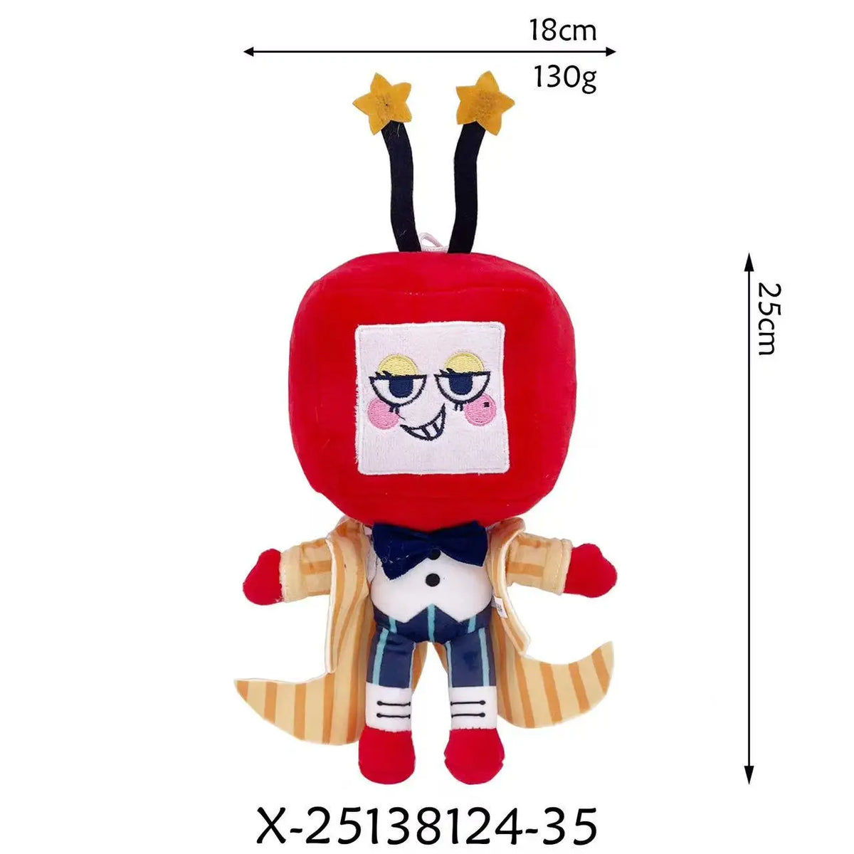 A red plush toy resembling a character with black ears and striped clothing.