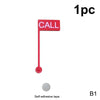 A red call sign desk sign with a hook and a small round component, packaged with self-adhesive tape.