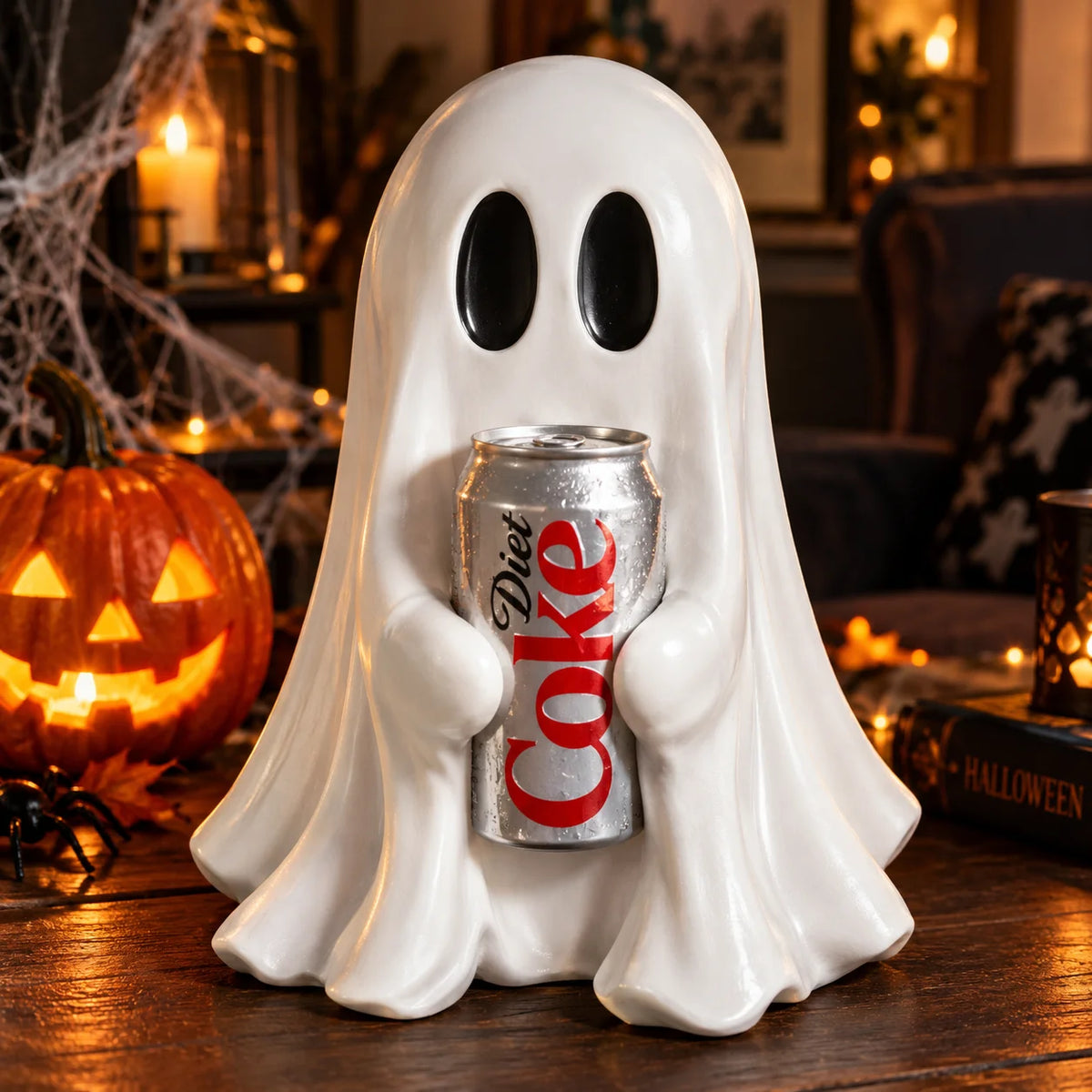 A white ghost figurine holding an aluminum soda can, displayed on a wooden surface near a carved pumpkin.