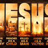 Wall art featuring a biblical scene with text describing Jesus' birth, preaching, killing, arising, and coming back.