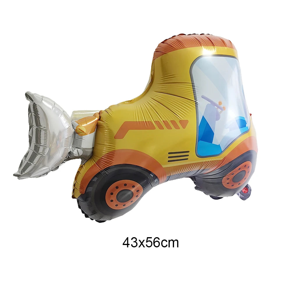 A yellow construction truck foil balloon decorated with orange accents and a clear window.