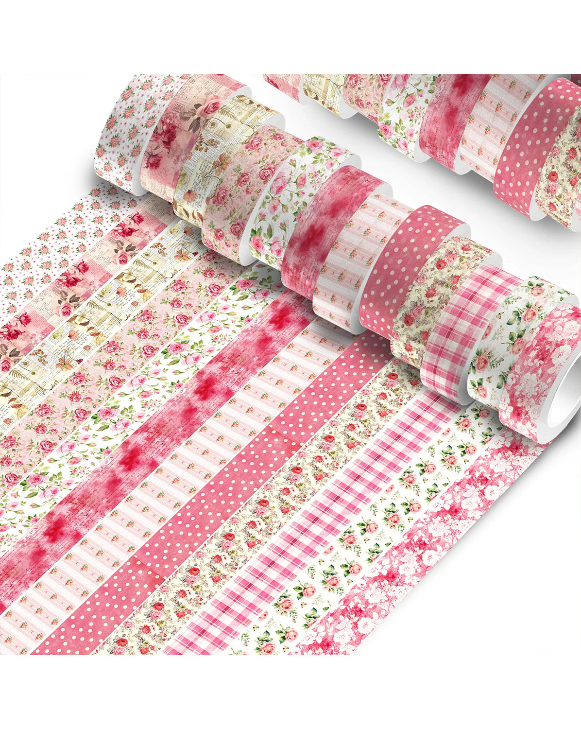 A roll of pink floral patterned washi tape showing various pink and white floral designs.