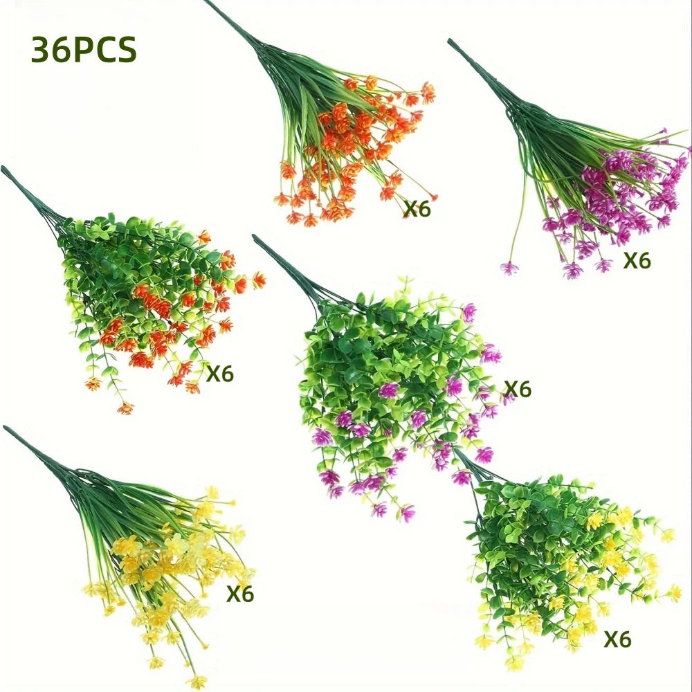 A collection of artificial flower bouquets in various colors and arrangements for outdoor decoration.