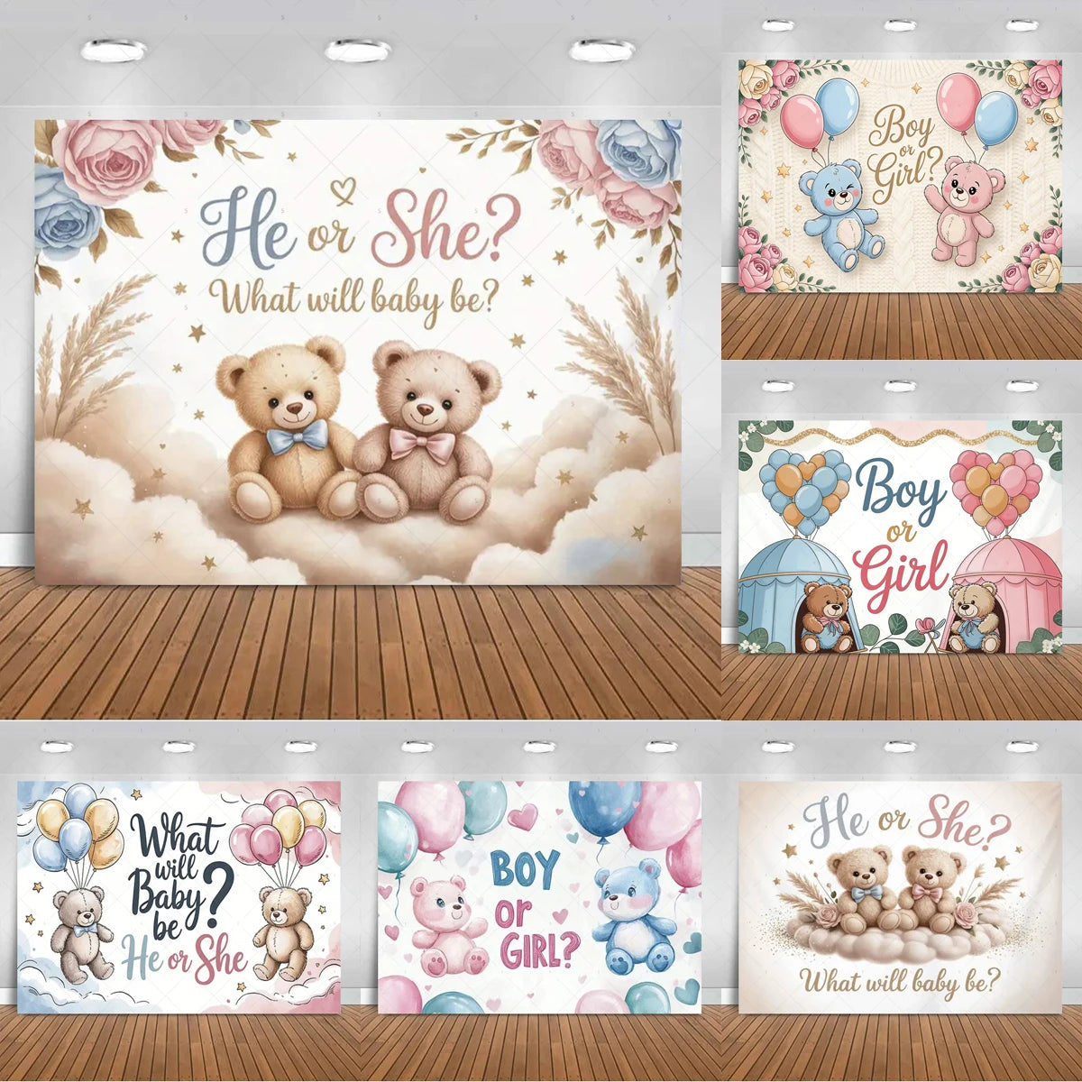 A versatile gender reveal backdrop featuring watercolor illustrations of teddy bears and balloons for boy or girl themes.