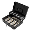 A black metal cash storage box with a hinged lid open, displaying several stacks of banded currency inside.