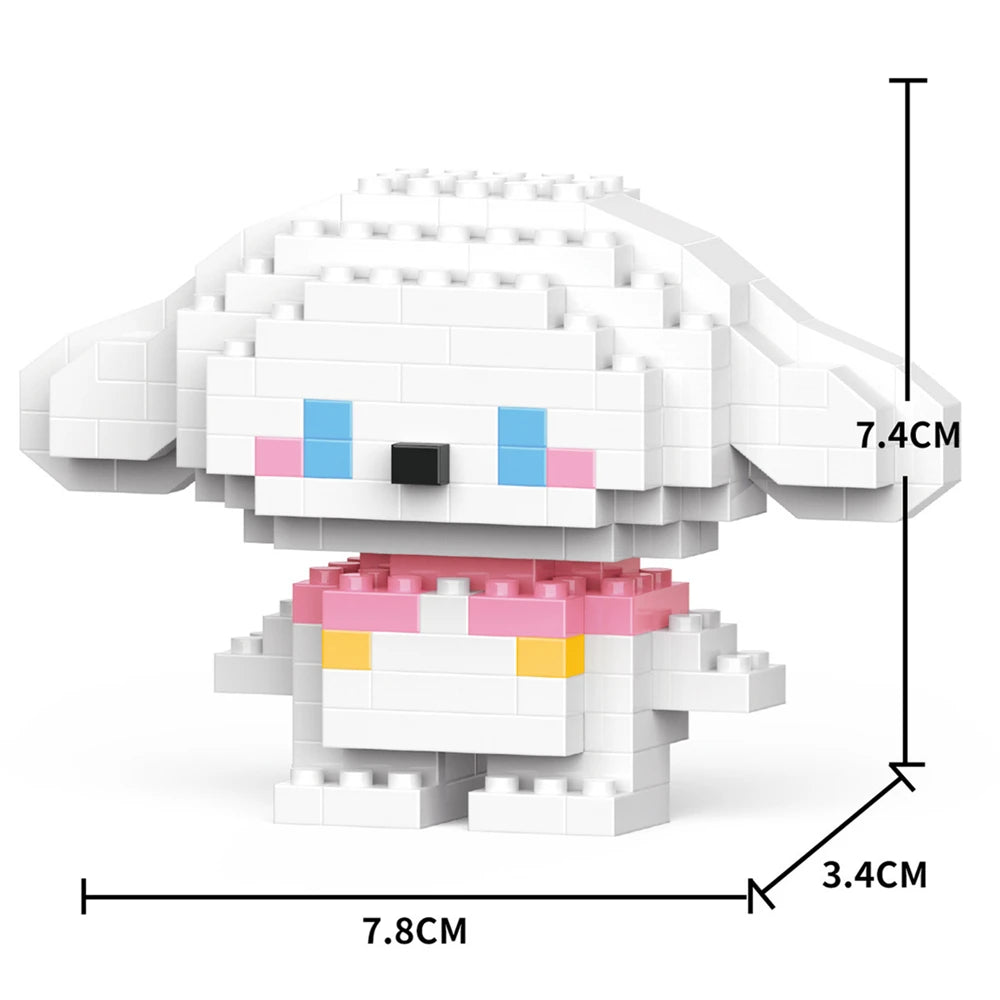 A white and pink animal-shaped building block model kit with black eyes and blue accents.