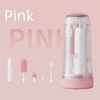 A pink electric baby bottle cleaning brush with a clear storage case and various brushes displayed on a light pink background