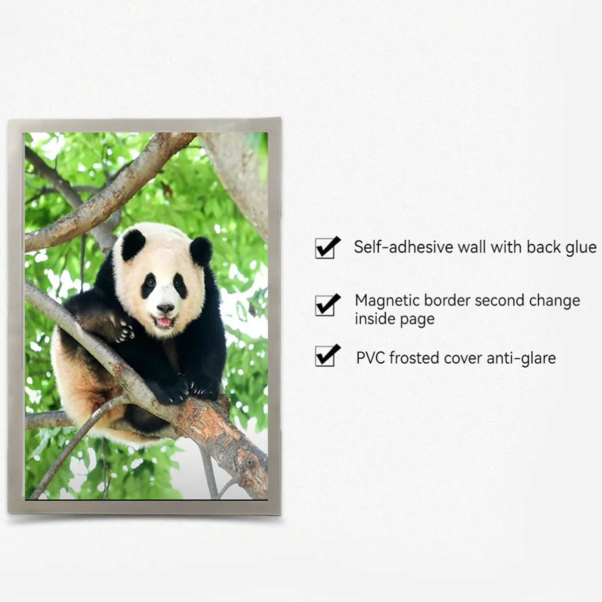 A set of magnetic picture frames for wall display with self-adhesive backing and anti-glare PVC covers.
