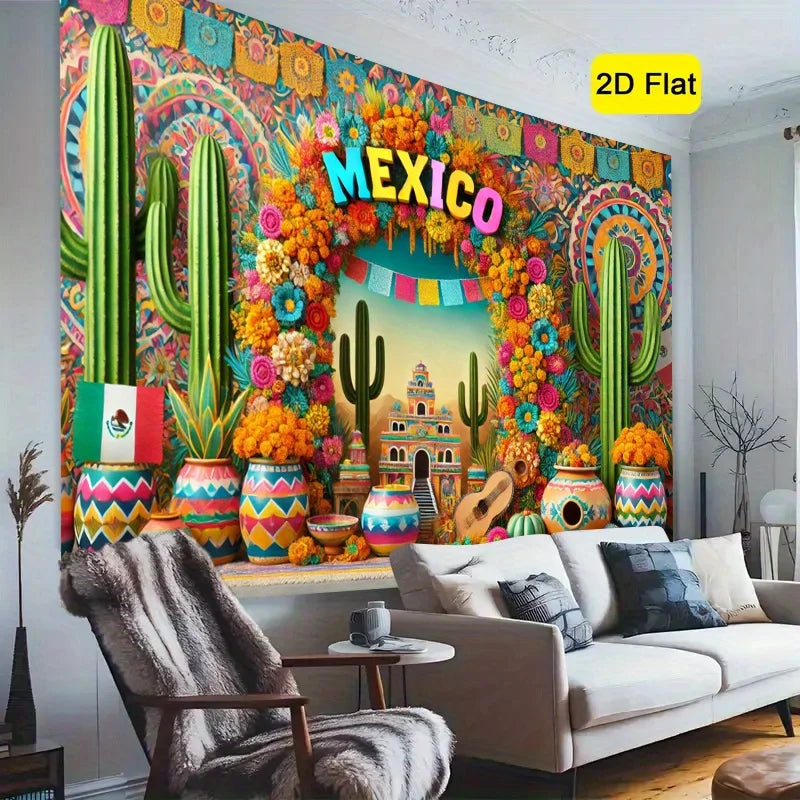 A vibrant Mexican fiesta photography backdrop featuring colorful cacti, flowers, and decorative elements.