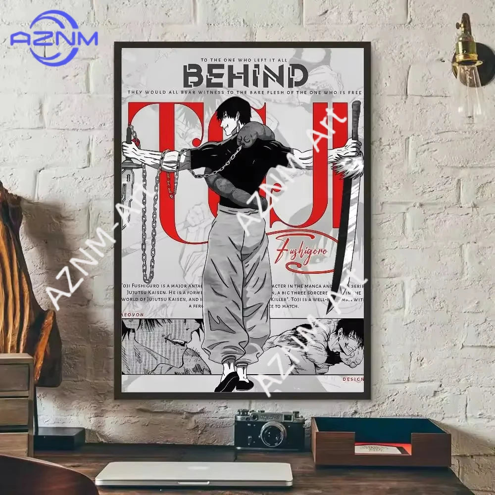 Anime canvas art poster featuring Toji Fushiguro in a dark outfit and sword against a gray background.