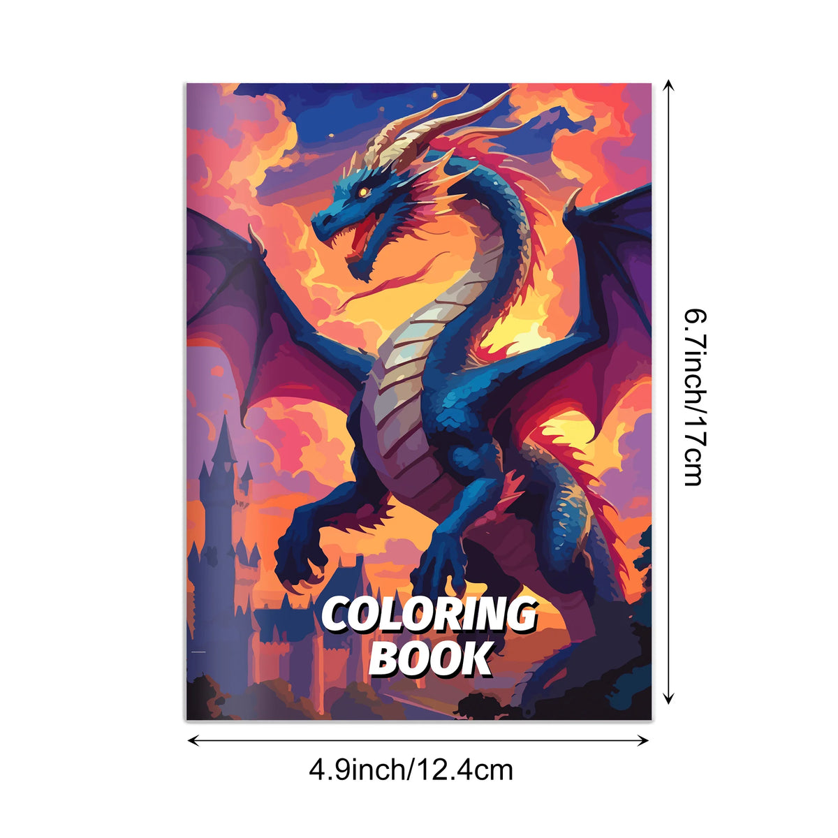 Illustration vibrante d'un dragon bleu contre un coucher de soleil, destinée à un livre de coloriage.