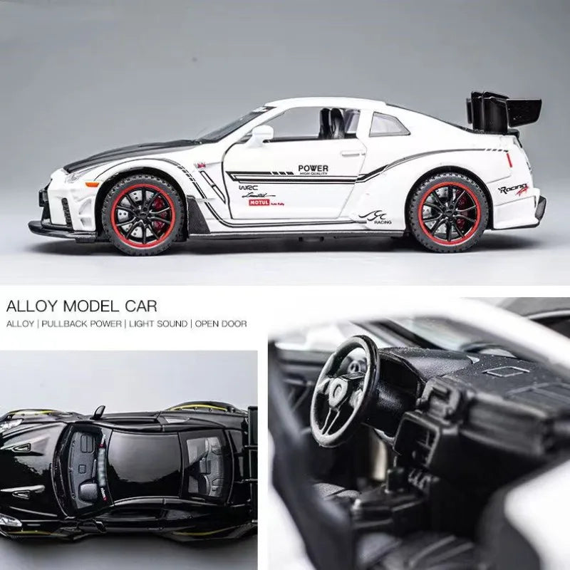 A white 1:32 scale diecast GTR sports car model with black wheels and details.
