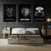 Three framed canvas prints featuring close-up images of a lion, tiger, and leopard head with motivational text.