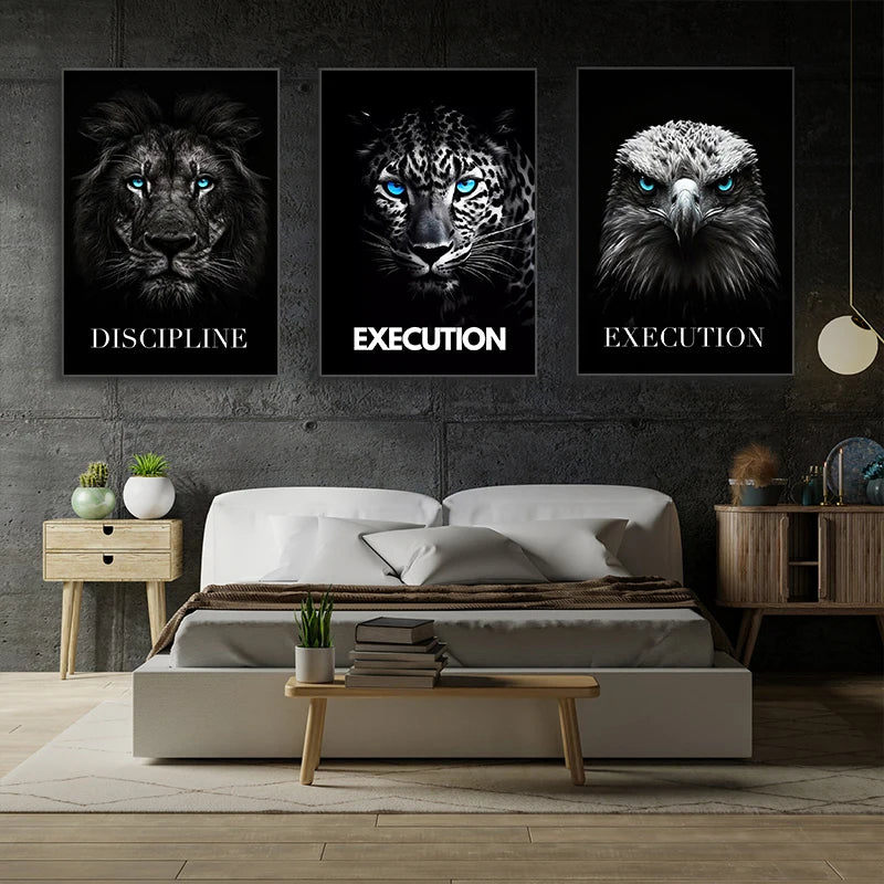 Three framed canvas prints featuring close-up images of a lion, tiger, and leopard head with motivational text.