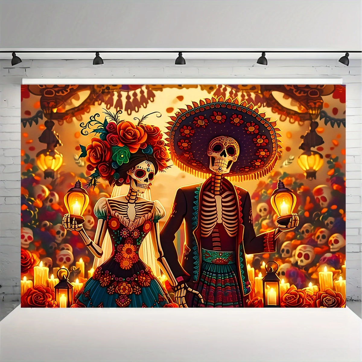 A vibrant banner featuring sugar skull imagery and Day of the Dead decorations for festive parties.