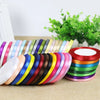 A collection of colorful satin ribbons rolled on a spool for gift wrapping and DIY crafts