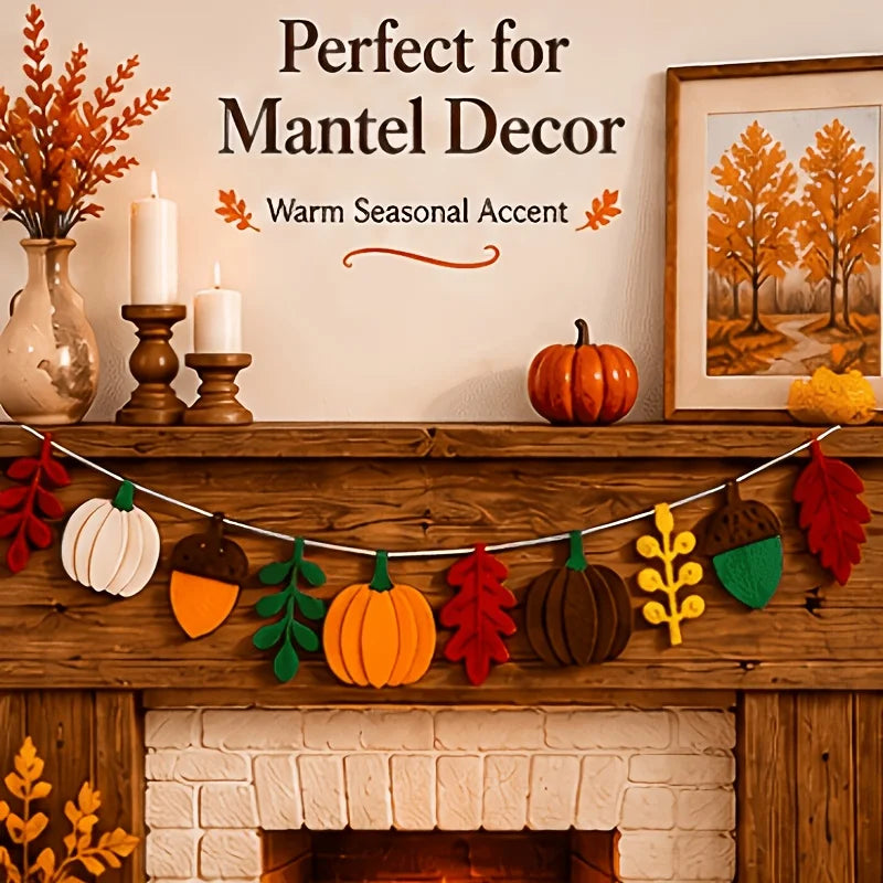 Autumn harvest felt garland featuring pumpkins, acorns, and maple leaves displayed above a wooden mantel.