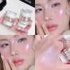Close-up of a woman applying Fairy Body Glitter Highlight Powder to her face and hand.