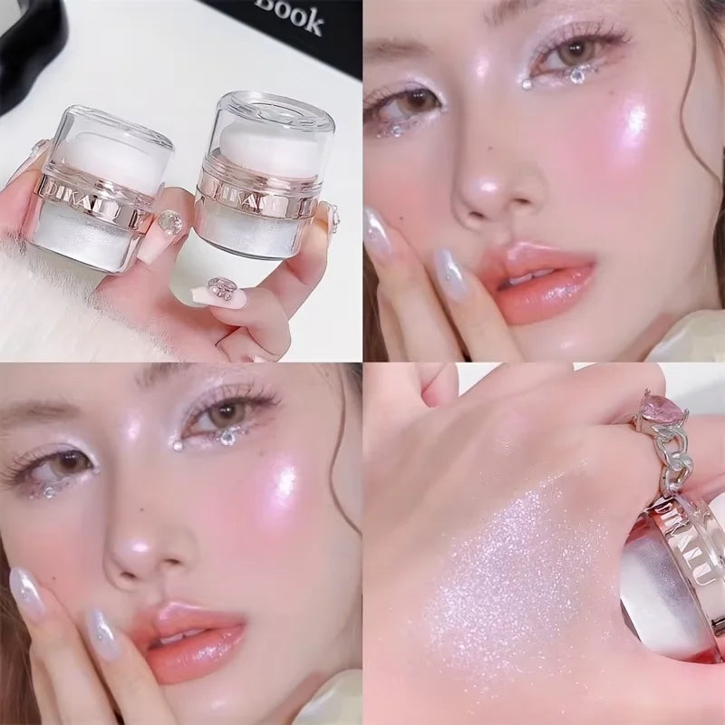 Close-up of a woman applying Fairy Body Glitter Highlight Powder to her face and hand.