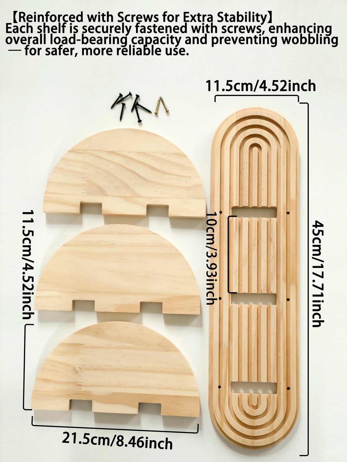 A set of geometric wooden wall shelves made of light wood, featuring arched and rectangular designs.
