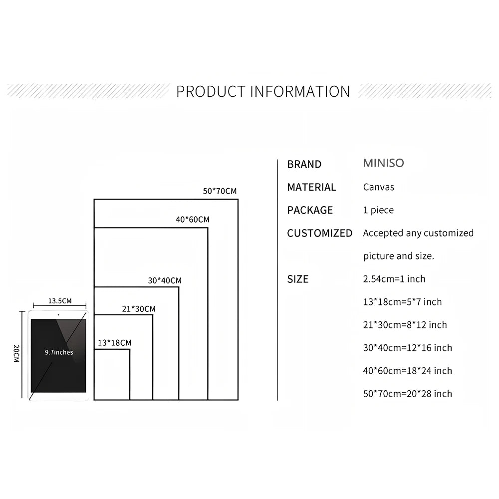 A diagram showing various sizes of canvas wall murals available for customization, including 13.5cm to 50x70cm.