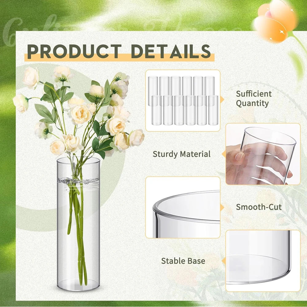 Détails du produit : vase cylindrique en verre clair, multiples cylindres en verre et gros plans sur les caractéristiques du 