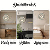 Three images showing a decorative Roman numeral wooden wall clock in a study room, kitchen, and living room setting.