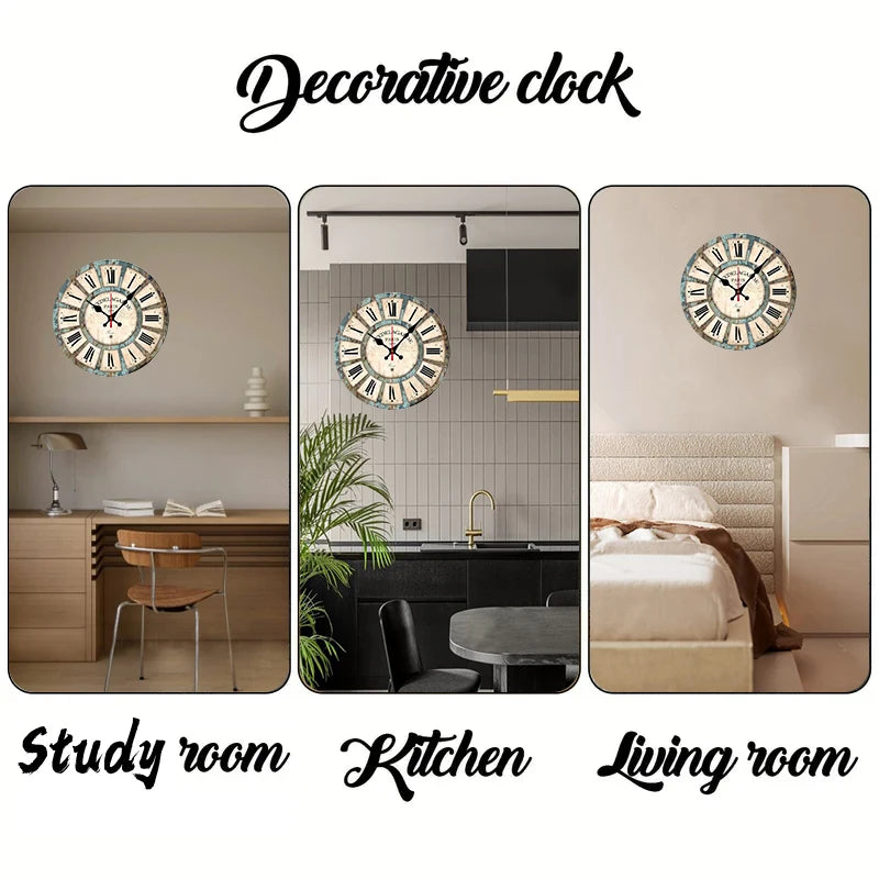 Three images showing a decorative Roman numeral wooden wall clock in a study room, kitchen, and living room setting.