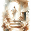 Watercolor painting of Jesus standing on stone steps framed by foliage and light.