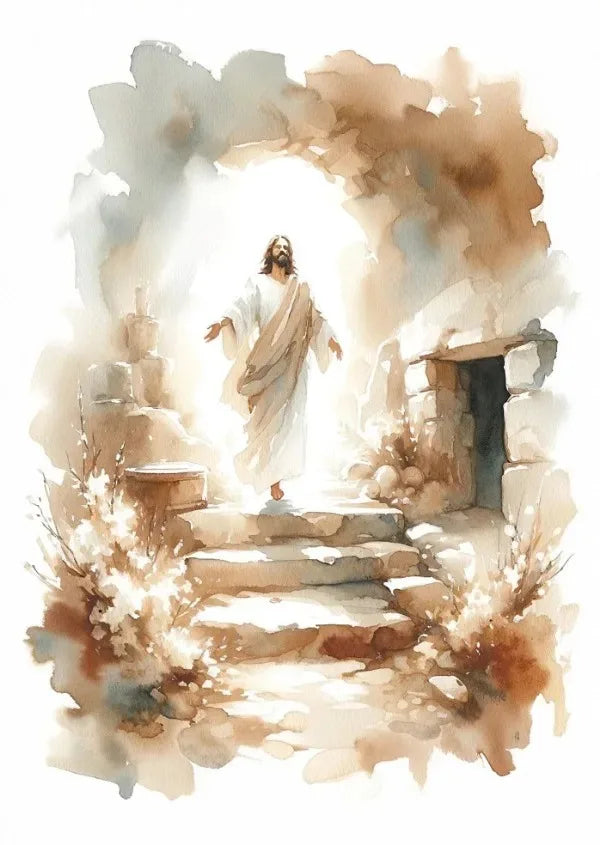 Watercolor painting of Jesus standing on stone steps framed by foliage and light.