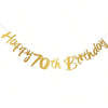 Elegant black and gold glitter banner spelling out Happy 70th Birthday