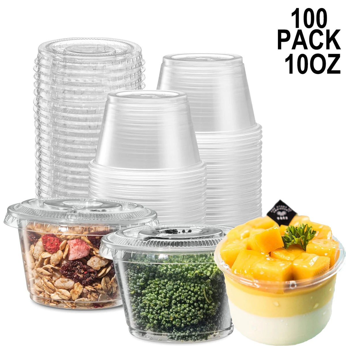 A pack of 100 clear disposable plastic bowls with lids, stacked and displayed.
