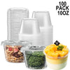 A pack of 100 clear disposable plastic bowls with lids, stacked and displayed.