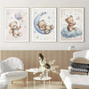 A set of three canvas art prints featuring teddy bears and moons in soft watercolor style.